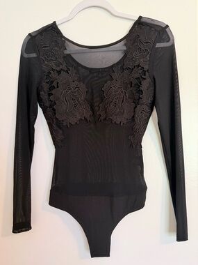 Haute Monde Black Floral Lace Mesh Long Sleeve Bodysuit